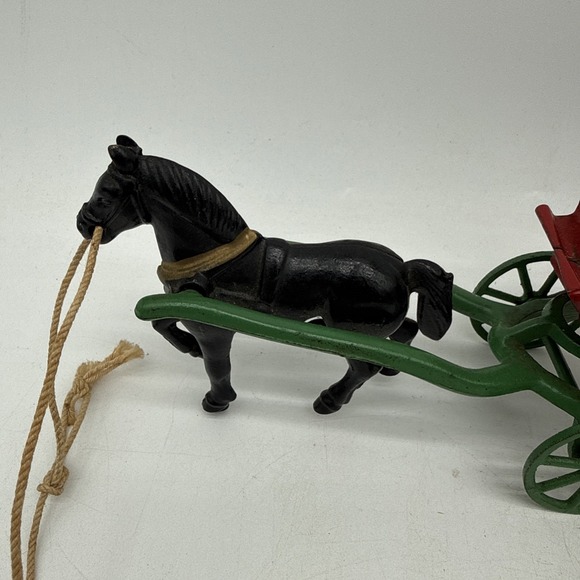 Vintage Cast Iron 1 Horse Wagon Missing Rider Black Horse Red Wagon - Picture 3 of 11